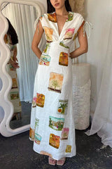 Art Linen Blend Unique Print Drawstring Shoulder Loose Maxi Dress