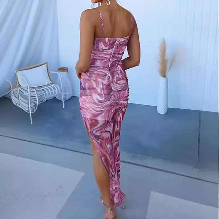 and sling fishtail print dress INS casual backless zipper holiday party dress