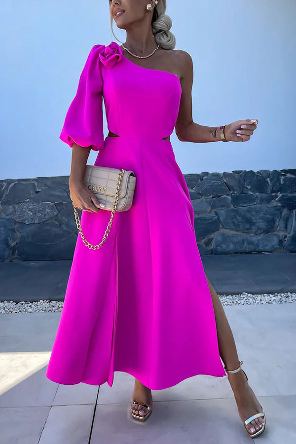 and flower oblique shoulder split double dress INS leisure party satin dress