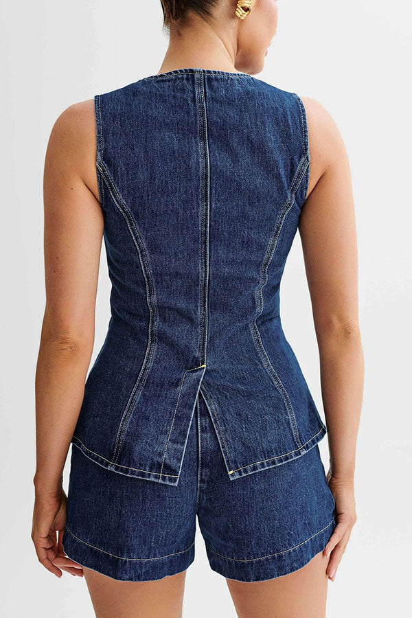 Abel Denim Button Up Princess Seams Pocket Vest Top