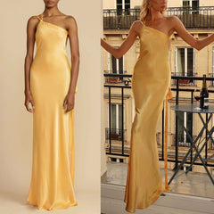 and party oblique shoulder slim dress INS casual elegant party satin dress