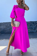 and flower oblique shoulder split double dress INS leisure party satin dress