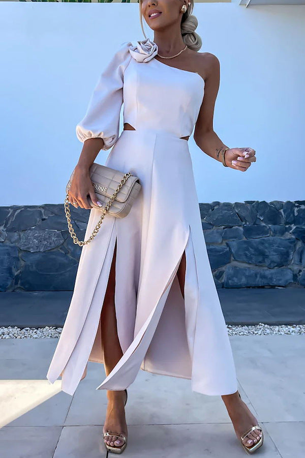 and flower oblique shoulder split double dress INS leisure party satin dress