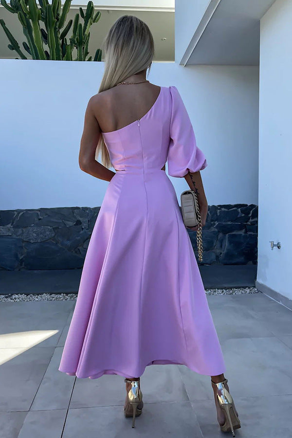 and flower oblique shoulder split double dress INS leisure party satin dress