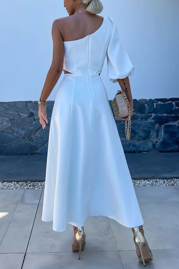 and flower oblique shoulder split double dress INS leisure party satin dress