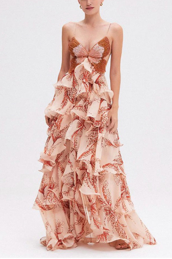 Ariae Butterfly Print Multi-layered Ruffles Backless Tie-up Maxi Dress