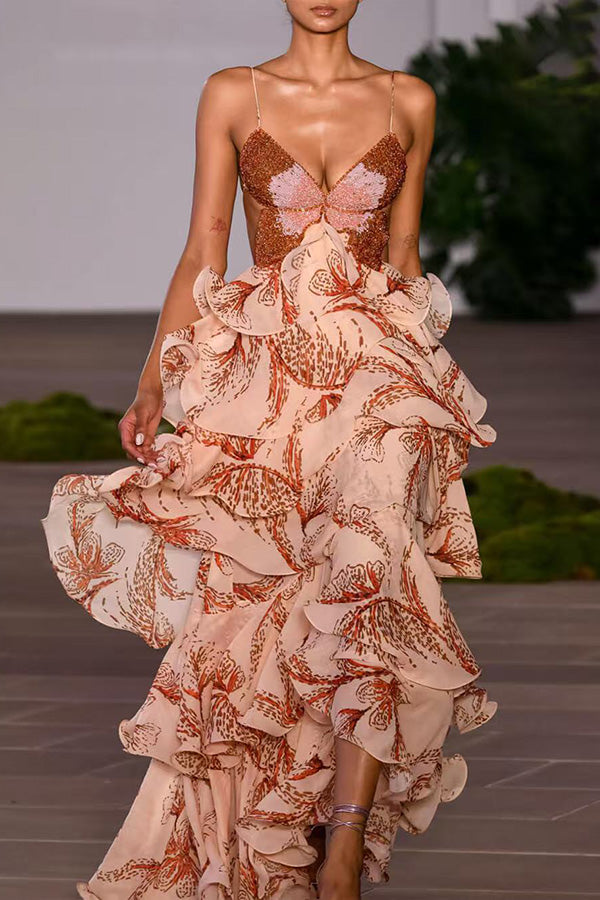 Ariae Butterfly Print Multi-layered Ruffles Backless Tie-up Maxi Dress