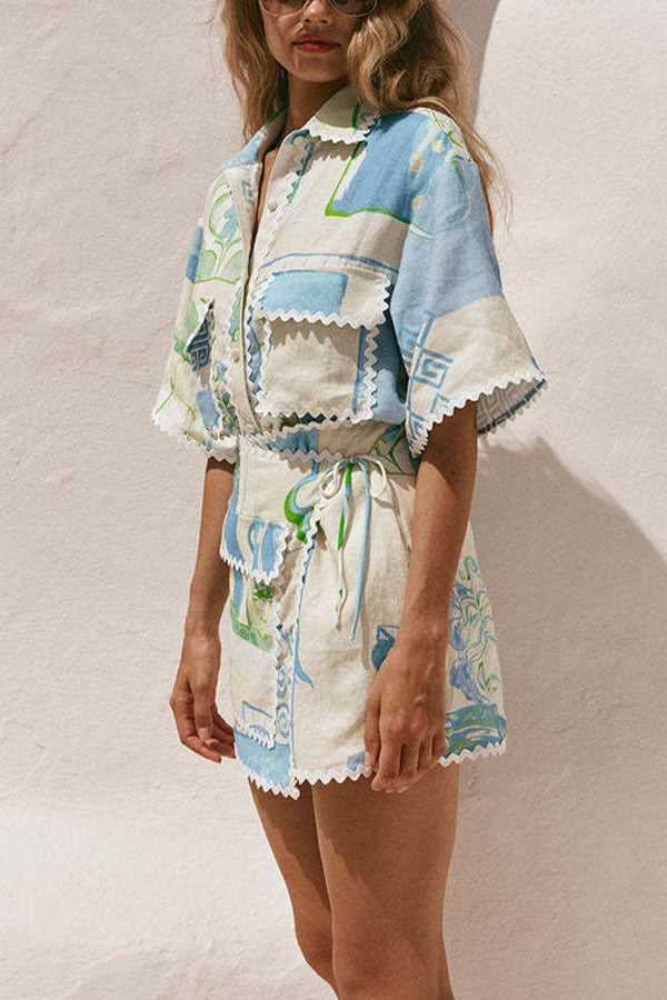 Pierre Linen Blend Ric Rac Trims Unique Print Short Sleeve Shirt and Wrap Tie-up Mini Skirt Set