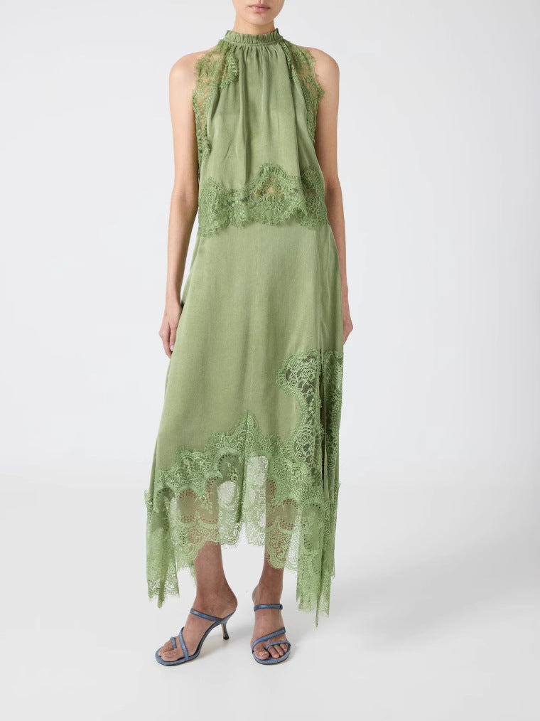 Modern Muse Satin Lace Trim Pleated Neck Top and A-line Irregular Slit Skirt Set