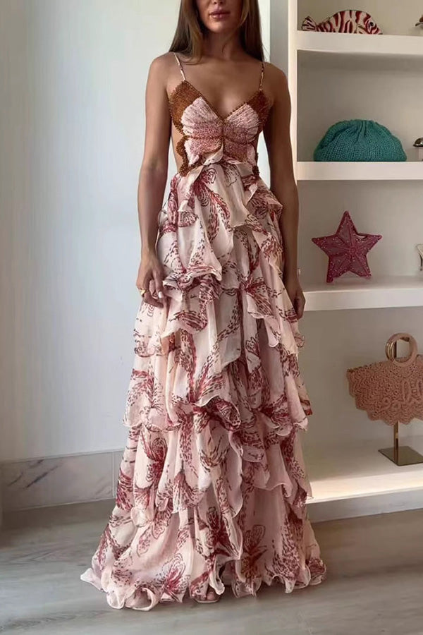 Ariae Butterfly Print Multi-layered Ruffles Backless Tie-up Maxi Dress