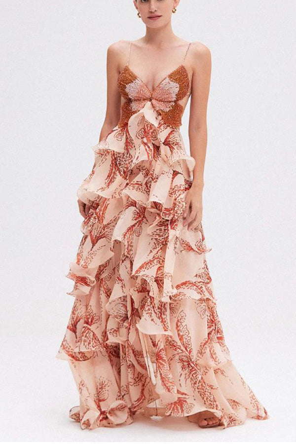 Ariae Butterfly Print Multi-layered Ruffles Backless Tie-up Maxi Dress