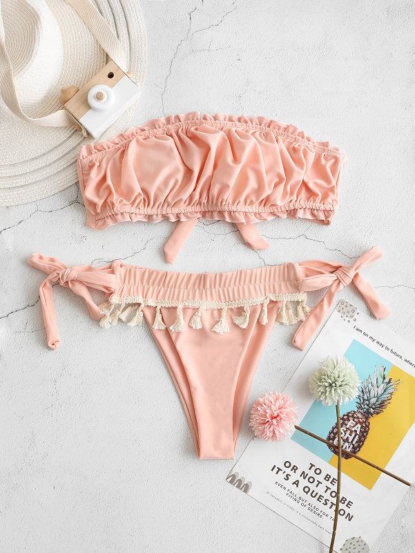 Strapless Ruffled Trim Lace-up High Waisted Bikini