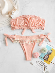 Strapless Ruffled Trim Lace-up High Waisted Bikini