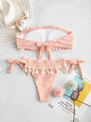 Strapless Ruffled Trim Lace-up High Waisted Bikini