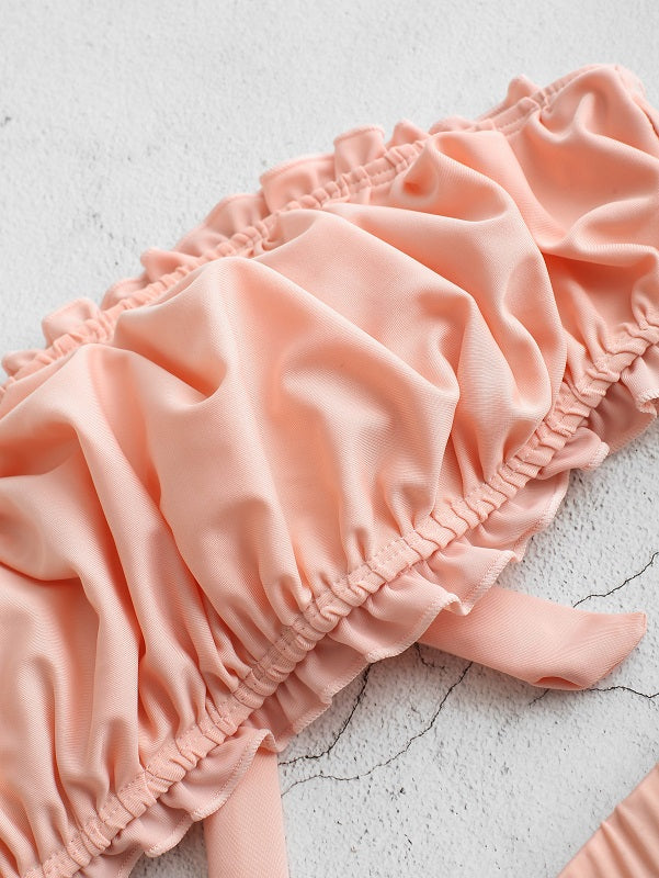 Strapless Ruffled Trim Lace-up High Waisted Bikini