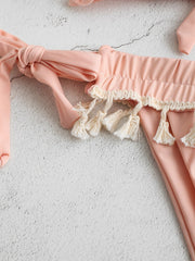 Strapless Ruffled Trim Lace-up High Waisted Bikini