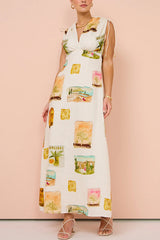 Art Linen Blend Unique Print Drawstring Shoulder Loose Maxi Dress