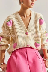 and Sweet V-neck Strawberry Embellished Knitted Cardigan