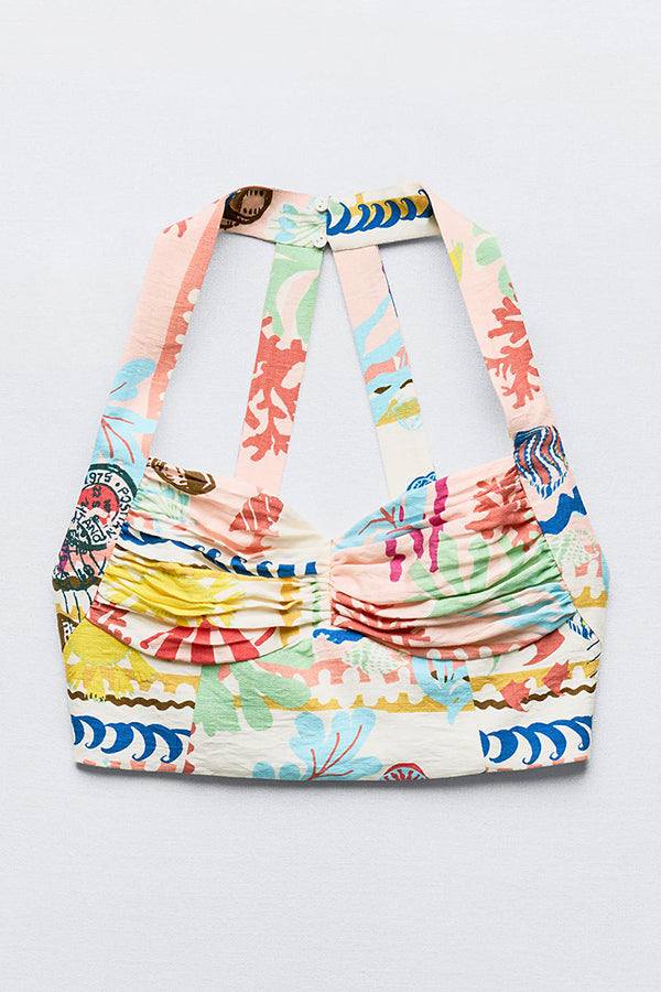 Multicolor Printed V Neck Halter Top and Midi Button-down Skirt Set