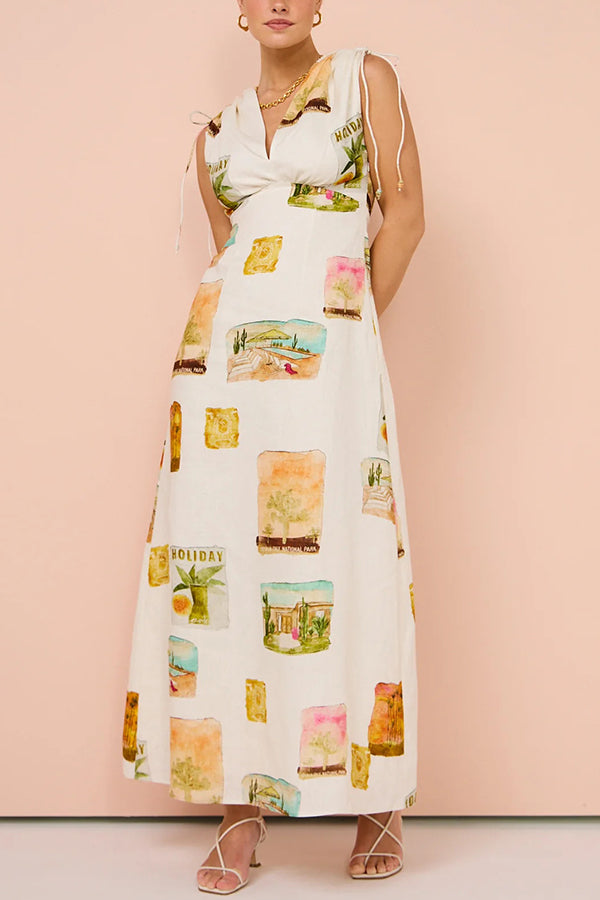 Art Linen Blend Unique Print Drawstring Shoulder Loose Maxi Dress