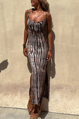 An Inspiration Tie-dye Print Double Shoulder Strap Stretch Maxi Dress