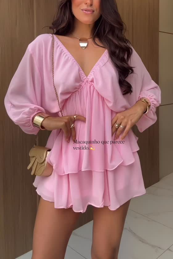 Verne Chiffon Batwing Sleeve Elastic High Waist  Layered Hem Loose Mini Dress