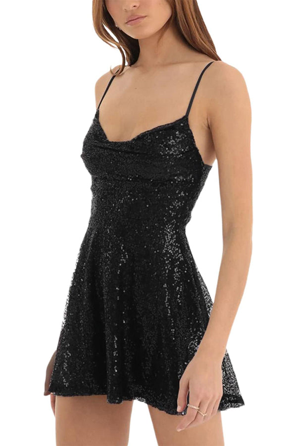 and Sequin Sling Backless Lace-up Mini Dress