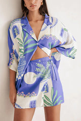 Balmy Nights Unique Print Loose Shirt and Elastic Waist Wrap Lace-up Skirt Set