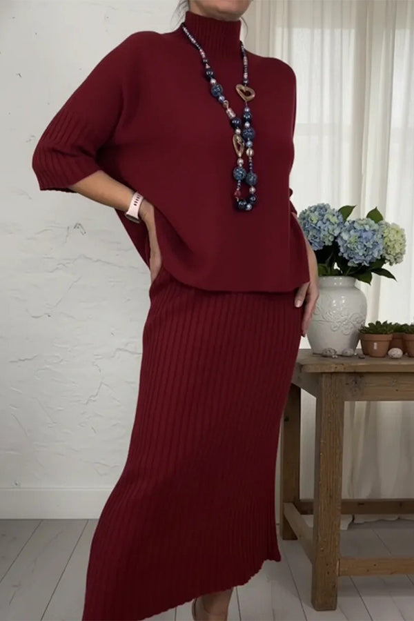 Solid Color Loose-fitting Turtleneck Knit Sweater and Stretchy Elegant Midi Skirt Set