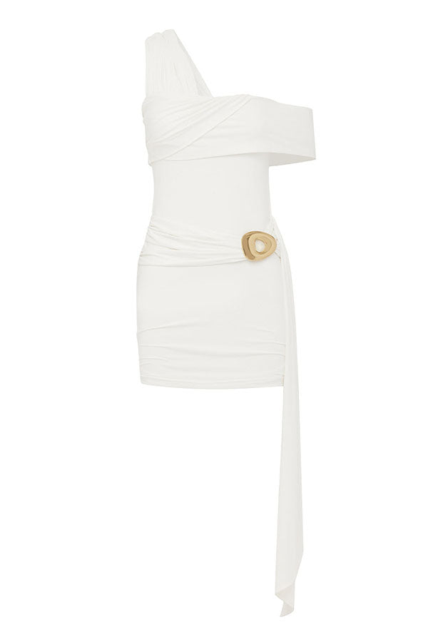 Kassi Mesh Asymmetrical Neckline Metal Buckle Drape Hem Stretch Mini Dress