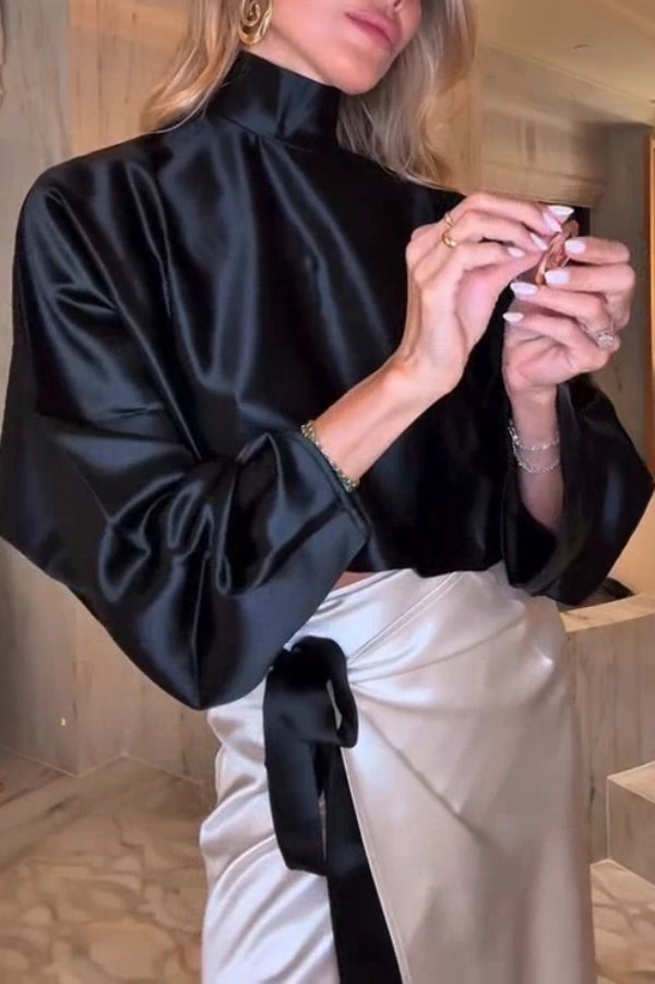 Elegant High-neck Long-sleeved Loose Top and Cross-strap High-slit Maxi Skirt Set