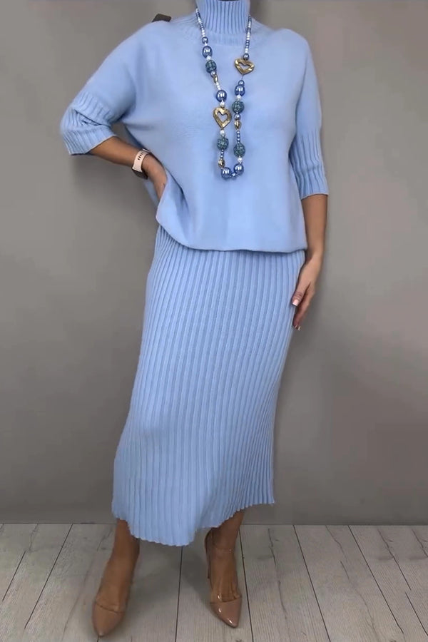 Solid Color Loose-fitting Turtleneck Knit Sweater and Stretchy Elegant Midi Skirt Set