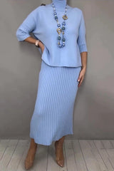 Solid Color Loose-fitting Turtleneck Knit Sweater and Stretchy Elegant Midi Skirt Set