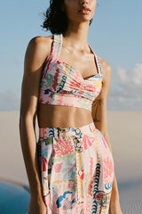 Multicolor Printed V Neck Halter Top and Midi Button-down Skirt Set