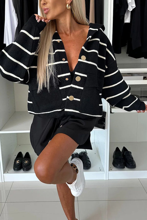 and Comfort Knit Striped Button Up Pocketed Loose Hooded Cardigan