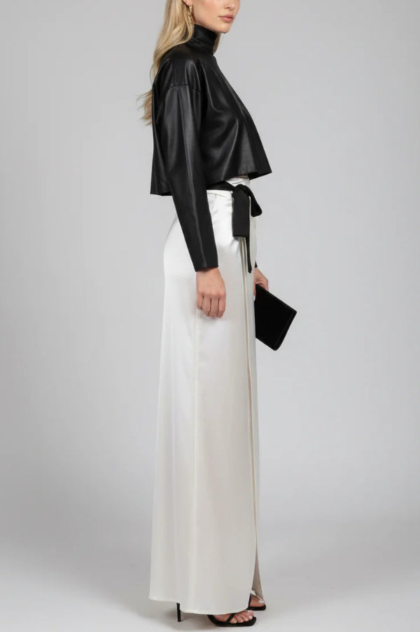 Elegant High-neck Long-sleeved Loose Top and Cross-strap High-slit Maxi Skirt Set