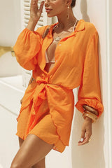 Kala Linen Blend Button Balloon Sleeve Blouse and Elastic Waist Warp Tie-up Mini Skirt Set